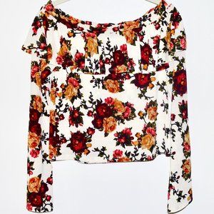 Mimi Chica Off the Shoulder Floral Crop Top with Ruffle and Bell Sleeves…